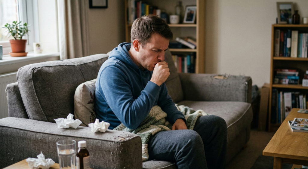 MEN COUGHING BECAUSE OF AIR POLLUTION